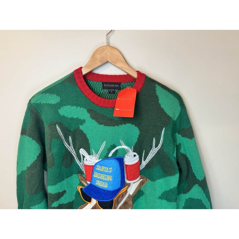 Ugly Christmas Sweater Small Camo Blizzard Bay Santas Drinking Brewdolph NWT - Picture 10 of 15